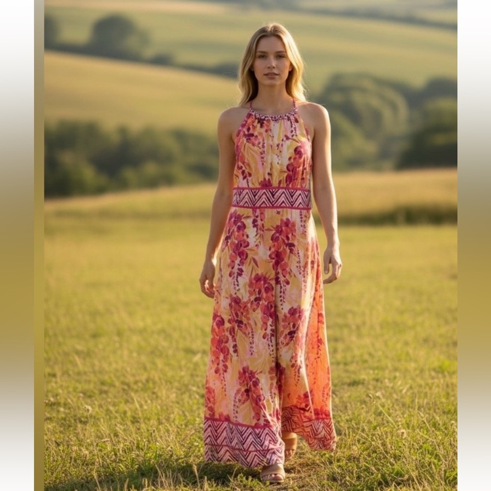Wisp Tropical Floral Halter Maxi Dress Pink Yellow Braided Strap NWT 12 Summer - Picture 13 of 13